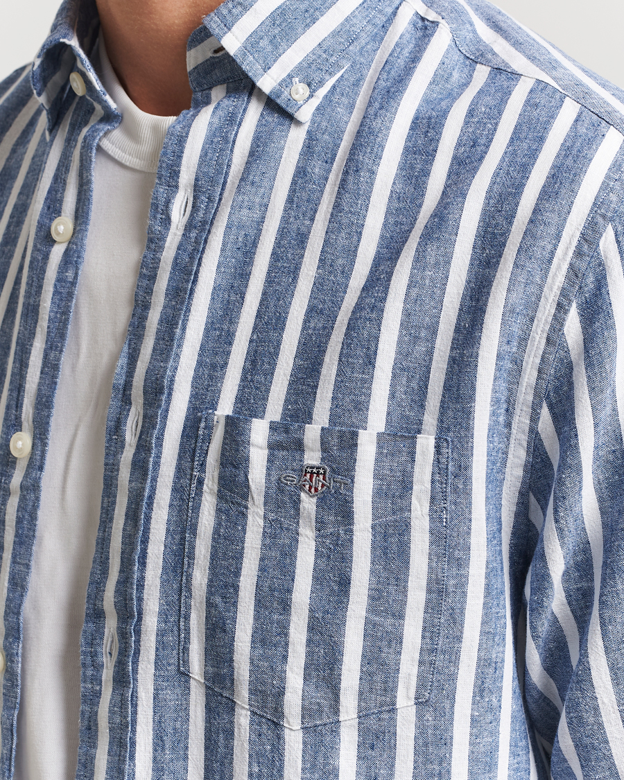 Homme | Chemises | GANT | Regular Fit Cotton/Linen Striped Shirt Rich Blue