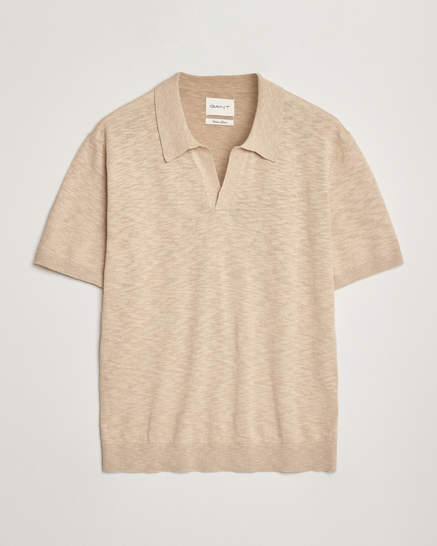 Homme | Polos | GANT | Linen/Cotton Open Collar Polo Dry Sand