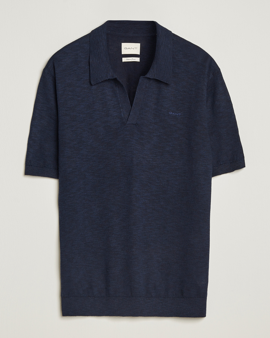Homme | Polos | GANT | Linen/Cotton Open Collar Polo Evening Blue