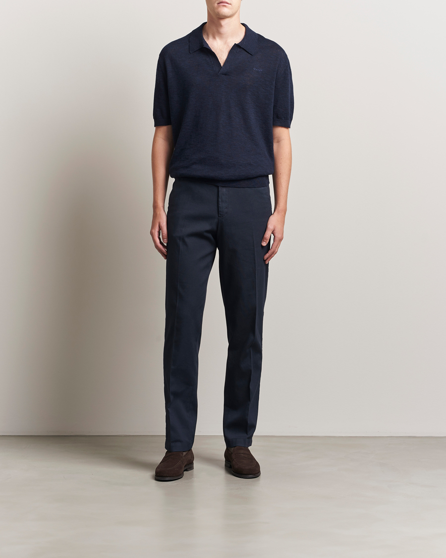 Homme | Polos | GANT | Linen/Cotton Open Collar Polo Evening Blue