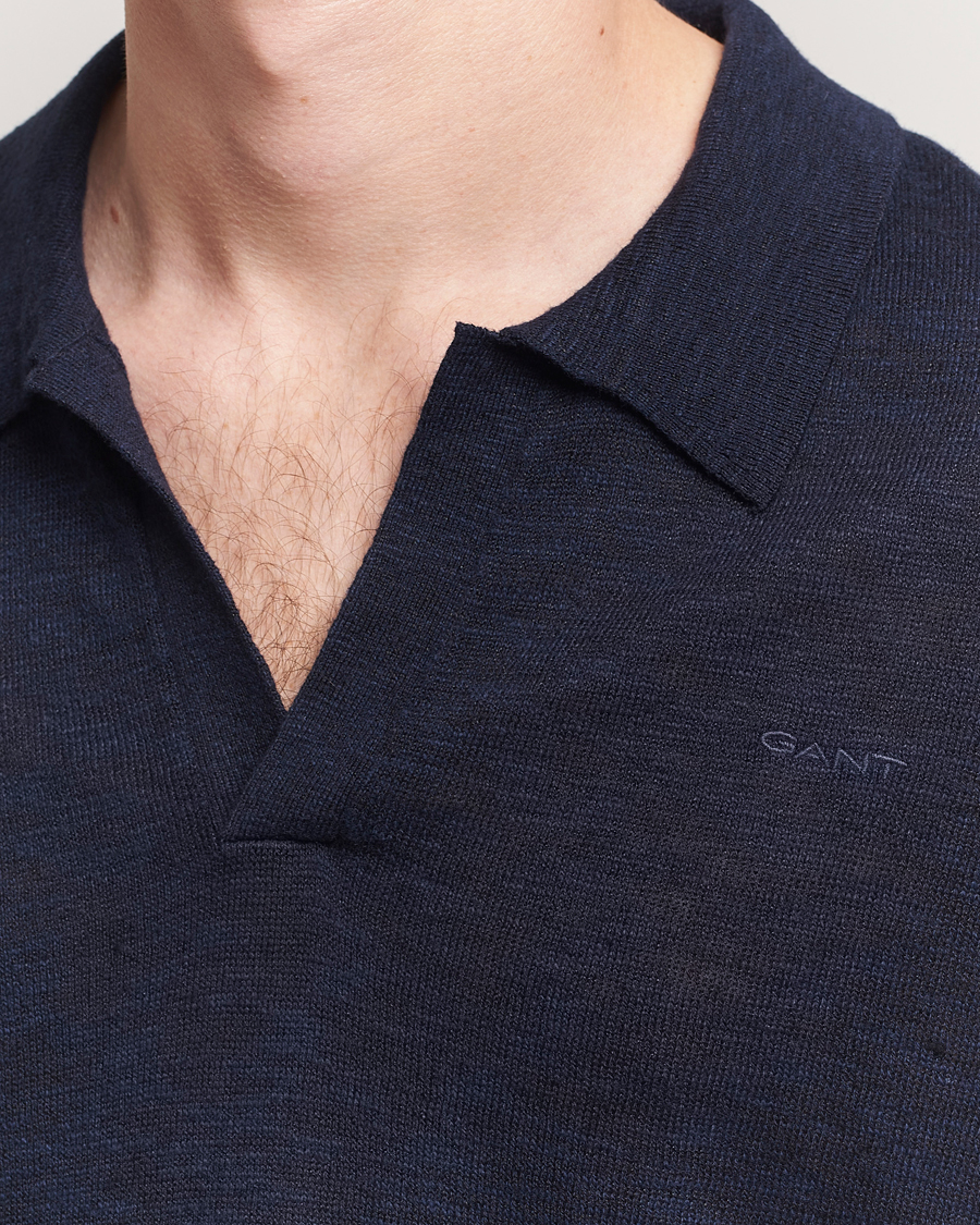 Homme | Polos | GANT | Linen/Cotton Open Collar Polo Evening Blue