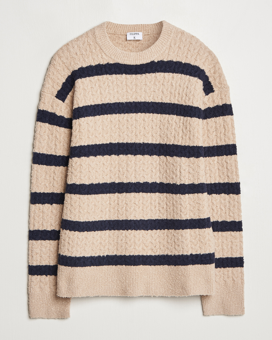 Homme | Pulls Et Tricots | Filippa K | Bouclé Knitted Striped Sweater Light Khaki/Navy