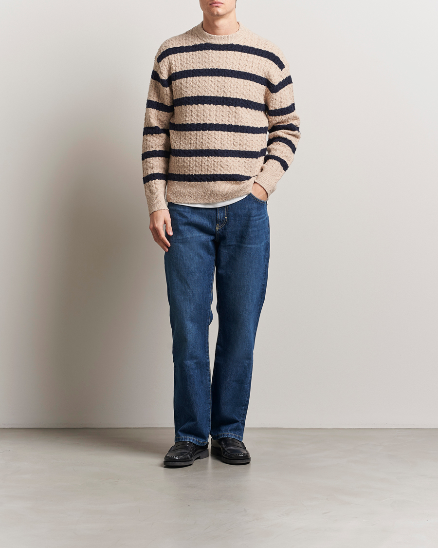 Homme | Pulls Et Tricots | Filippa K | Bouclé Knitted Striped Sweater Light Khaki/Navy