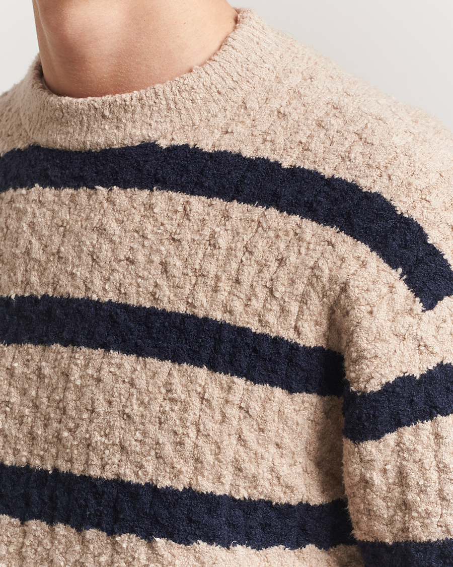 Homme | Pulls Et Tricots | Filippa K | Bouclé Knitted Striped Sweater Light Khaki/Navy