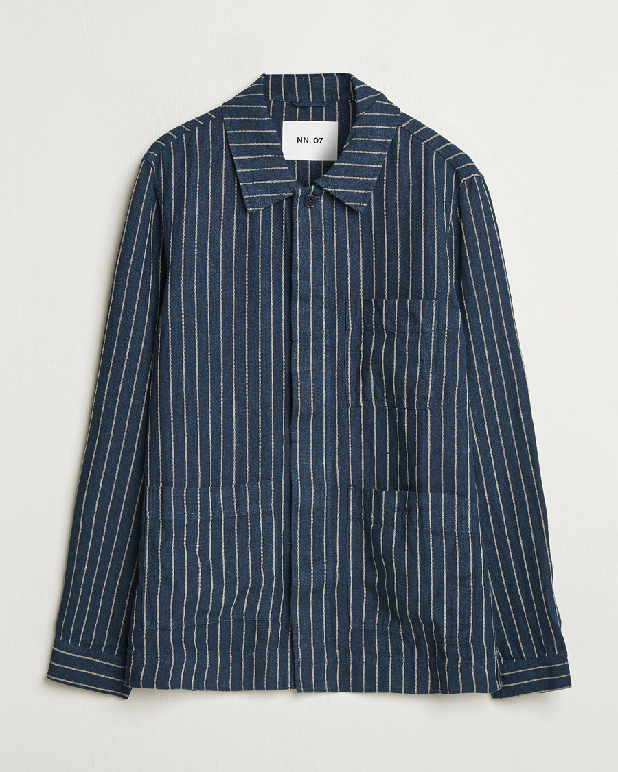 Homme | Chemises | NN07 | Olav Linen Pinstriped Overshirt Navy Blue