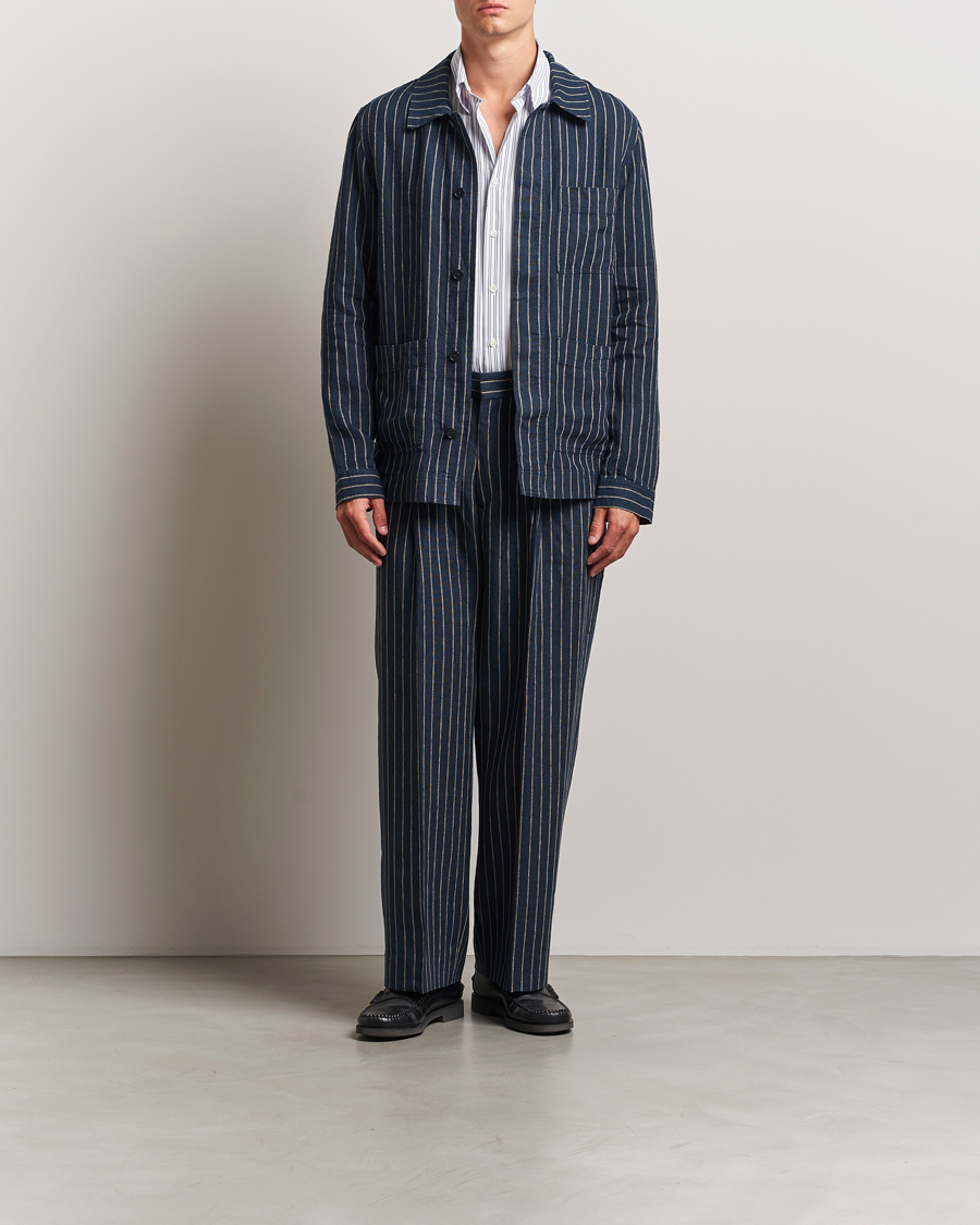Homme | Chemises | NN07 | Olav Linen Pinstriped Overshirt Navy Blue