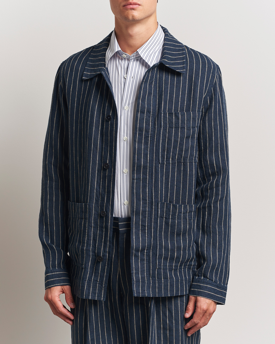 Homme | Chemises | NN07 | Olav Linen Pinstriped Overshirt Navy Blue