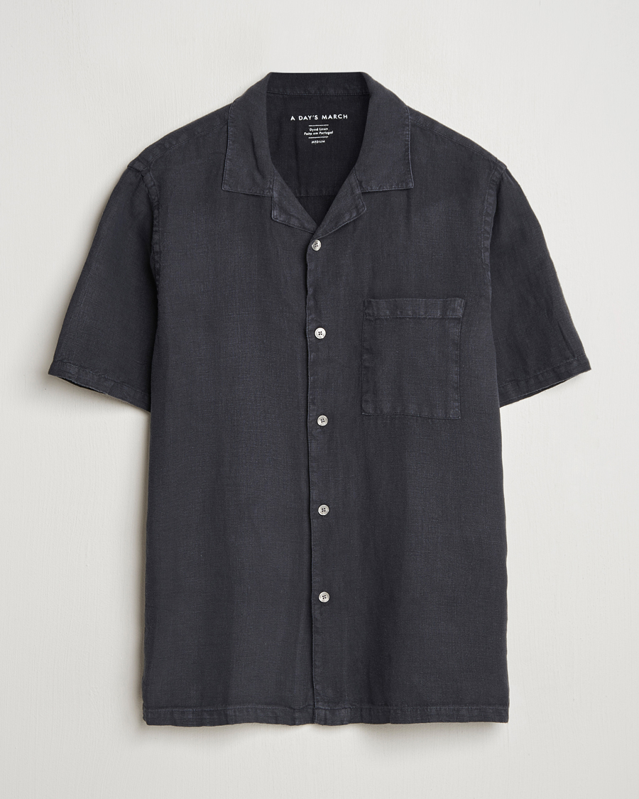 Homme | Chemises | A Day's March | Yamu Linen Short Sleeve Shirt Off Black