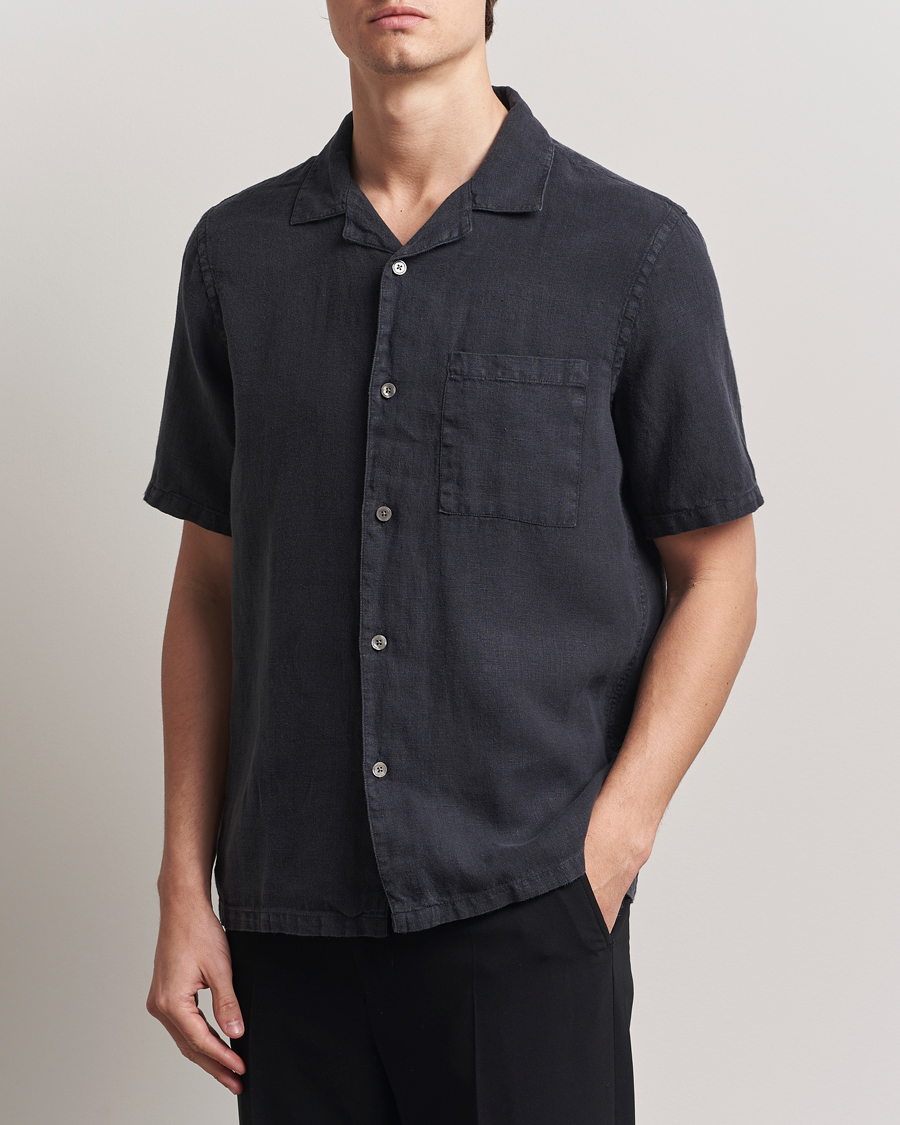 Homme | Chemises | A Day's March | Yamu Linen Short Sleeve Shirt Off Black