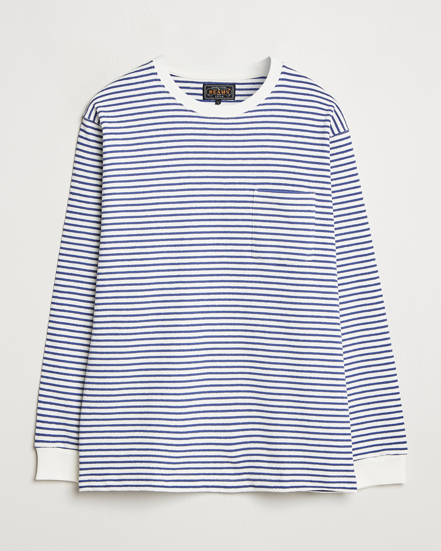 Homme | T-shirts | BEAMS PLUS | Long Sleeve Striped Pocket T-Shirt White/Blue
