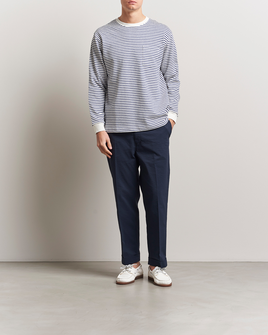 Homme | T-shirts | BEAMS PLUS | Long Sleeve Striped Pocket T-Shirt White/Blue