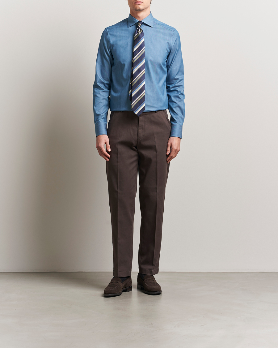 Homme | Chemises | Stenströms | 1899 Slim Twofold Cotton Denim Shirt Mid Blue