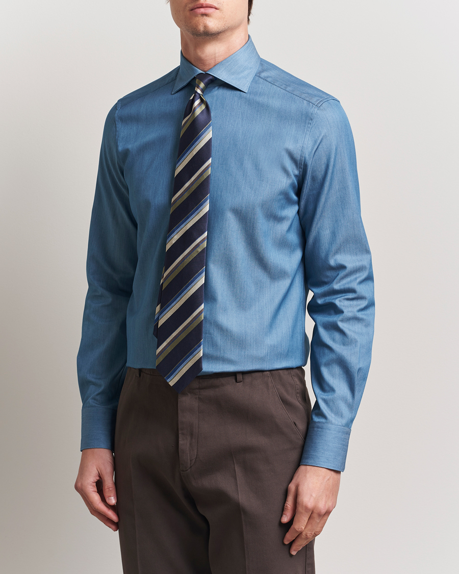 Homme | Chemises | Stenströms | 1899 Slim Twofold Cotton Denim Shirt Mid Blue