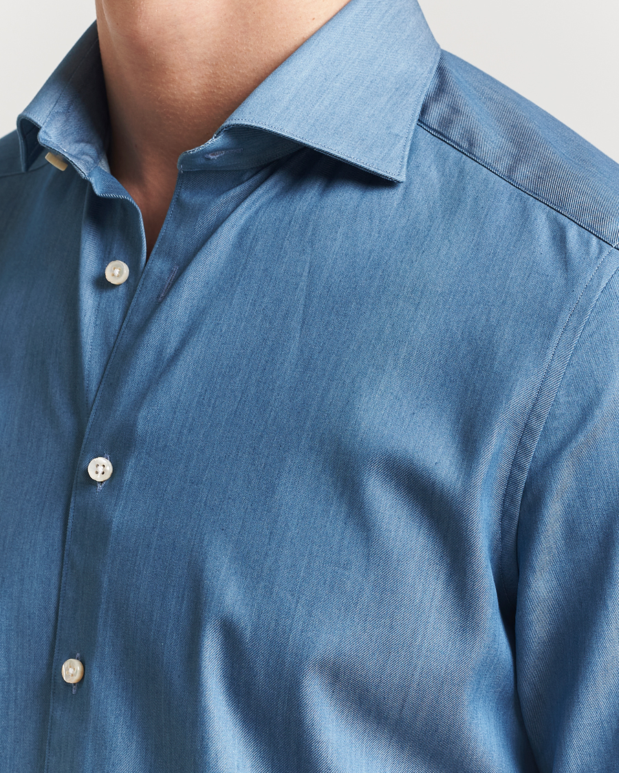 Homme | Chemises | Stenströms | 1899 Slim Twofold Cotton Denim Shirt Mid Blue