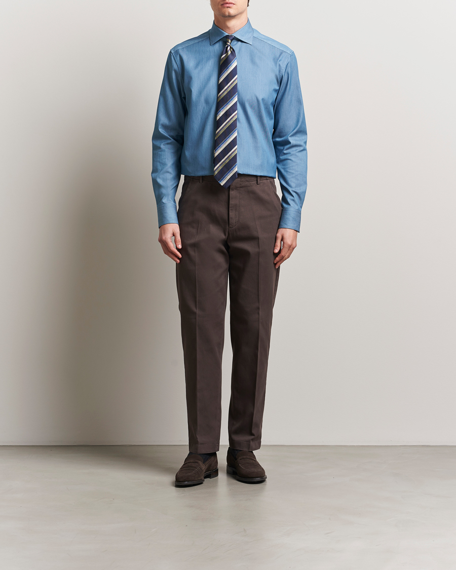 Homme | Chemises | Stenströms | 1899 Twofold Cotton Denim Shirt Mid Blue