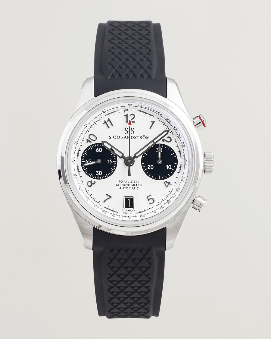 Homme | Sjöö Sandström Royal Steel Chronograph 40mm Black Rubber White Dial | Sjöö Sandström | Royal Steel Chronograph 40mm Black Rubber White Dial