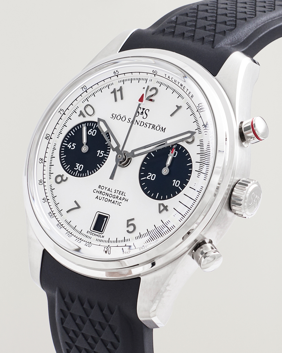 Homme | Sjöö Sandström Royal Steel Chronograph 40mm Black Rubber White Dial | Sjöö Sandström | Royal Steel Chronograph 40mm Black Rubber White Dial