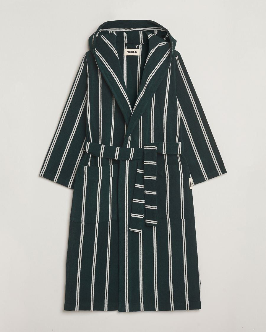 Homme | Peignoirs Et Pyjamas | Tekla | Organic Terry Hooded Bathrobe Forest Green Stripes