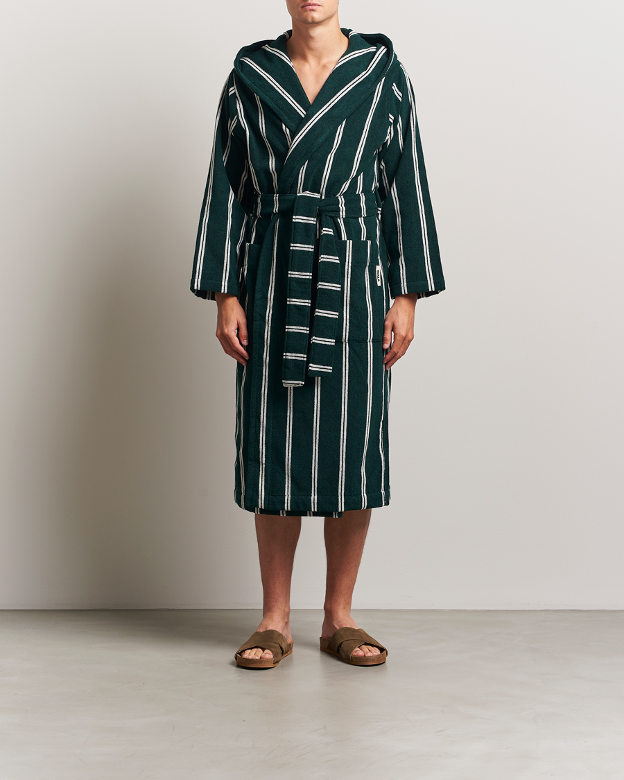Homme | Peignoirs Et Pyjamas | Tekla | Organic Terry Hooded Bathrobe Forest Green Stripes