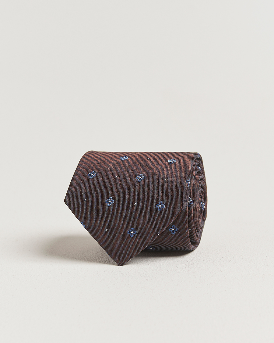 Homme | Amanda Christensen Cotton/Silk Printed Flower 8cm Tie Brown | Amanda Christensen | Cotton/Silk Printed Flower 8cm Tie Brown