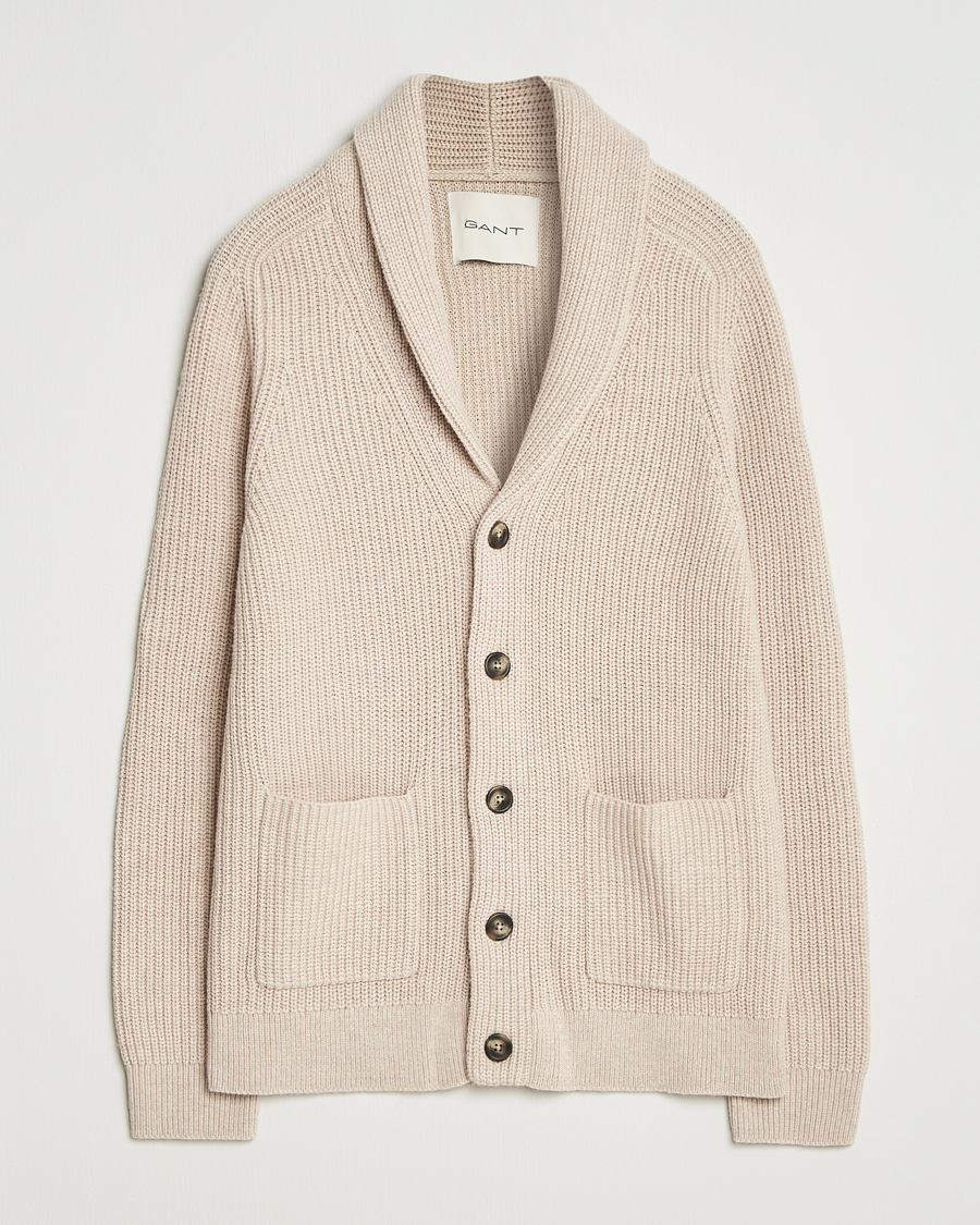 Homme | Pulls Et Tricots | GANT | Wool Knitted Shawl Collar Cardigan Light Beige Melange