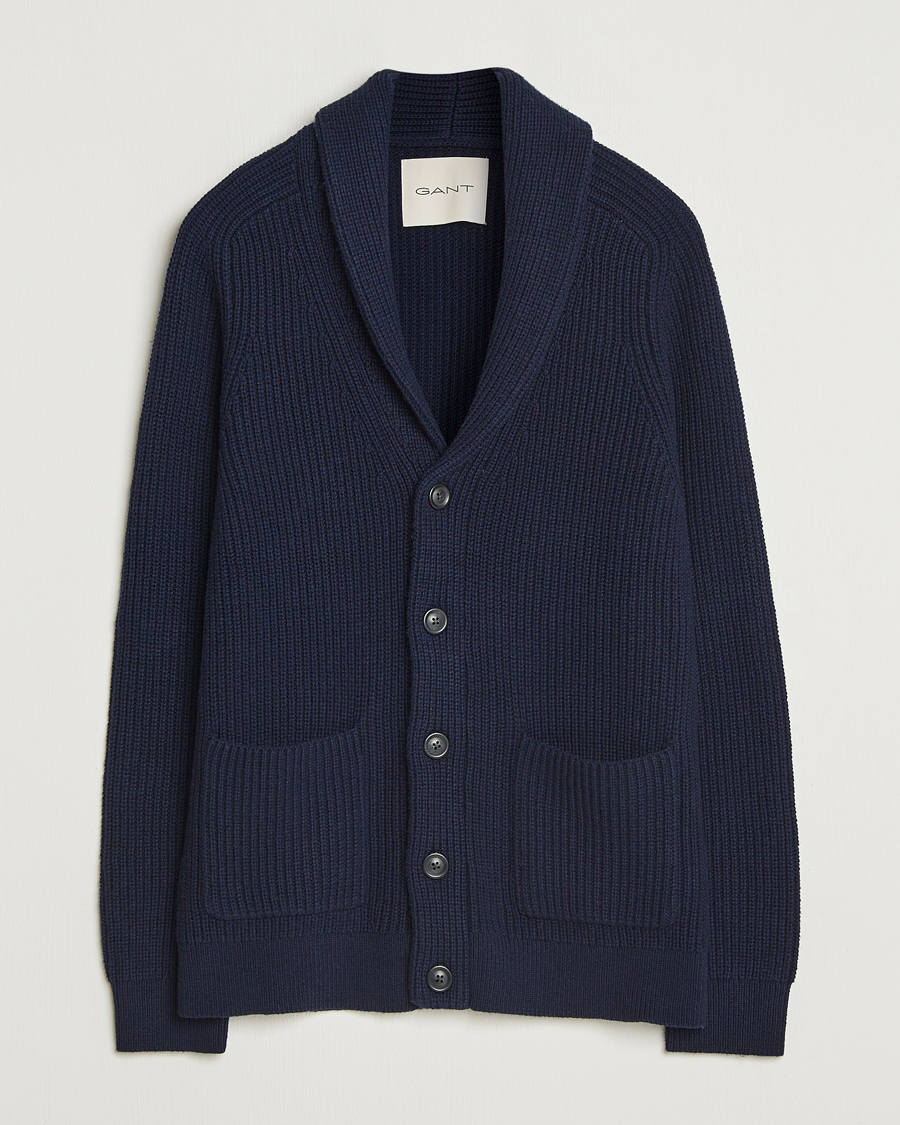 Homme | Pulls Et Tricots | GANT | Wool Knitted Shawl Collar Cardigan Evening Blue