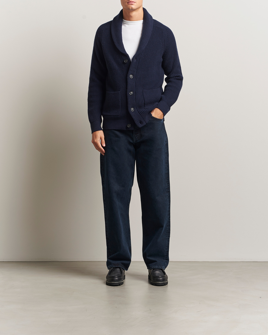 Homme | Pulls Et Tricots | GANT | Wool Knitted Shawl Collar Cardigan Evening Blue