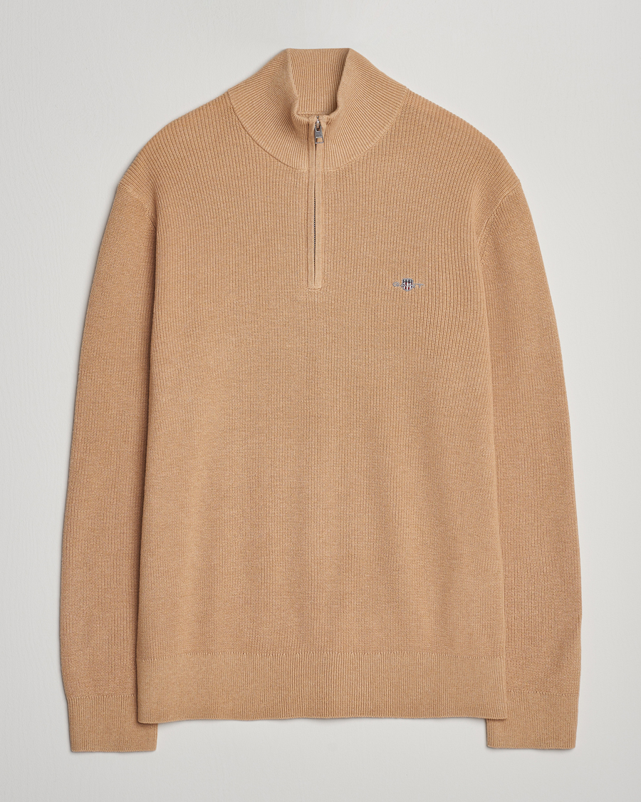 Homme | Pulls Et Tricots | GANT | Cotton/Merino Ribbed Half Zip Khaki Melange