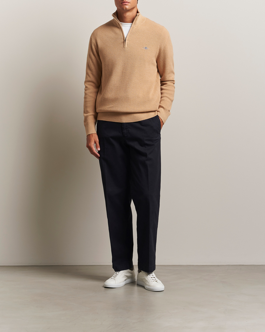 Homme | Pulls Et Tricots | GANT | Cotton/Merino Ribbed Half Zip Khaki Melange