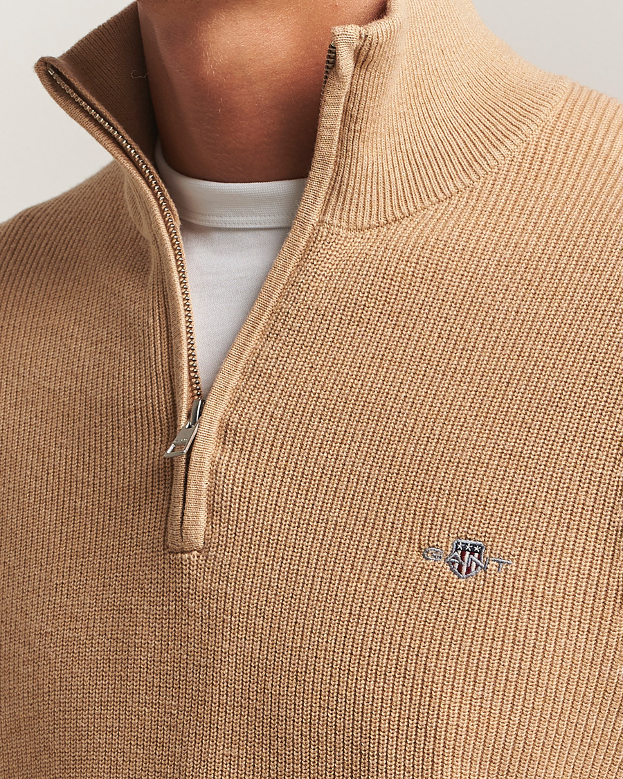 Homme | Pulls Et Tricots | GANT | Cotton/Merino Ribbed Half Zip Khaki Melange