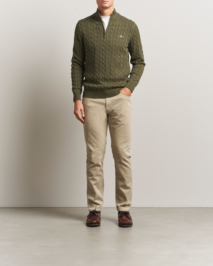 Homme | Pulls Et Tricots | GANT | Cotton Cable Half Zip Khaki Green Melange