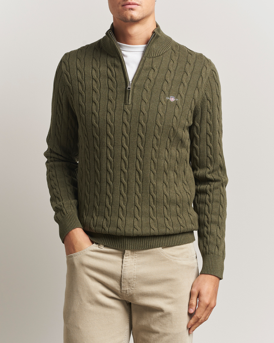 Homme | Pulls Et Tricots | GANT | Cotton Cable Half Zip Khaki Green Melange