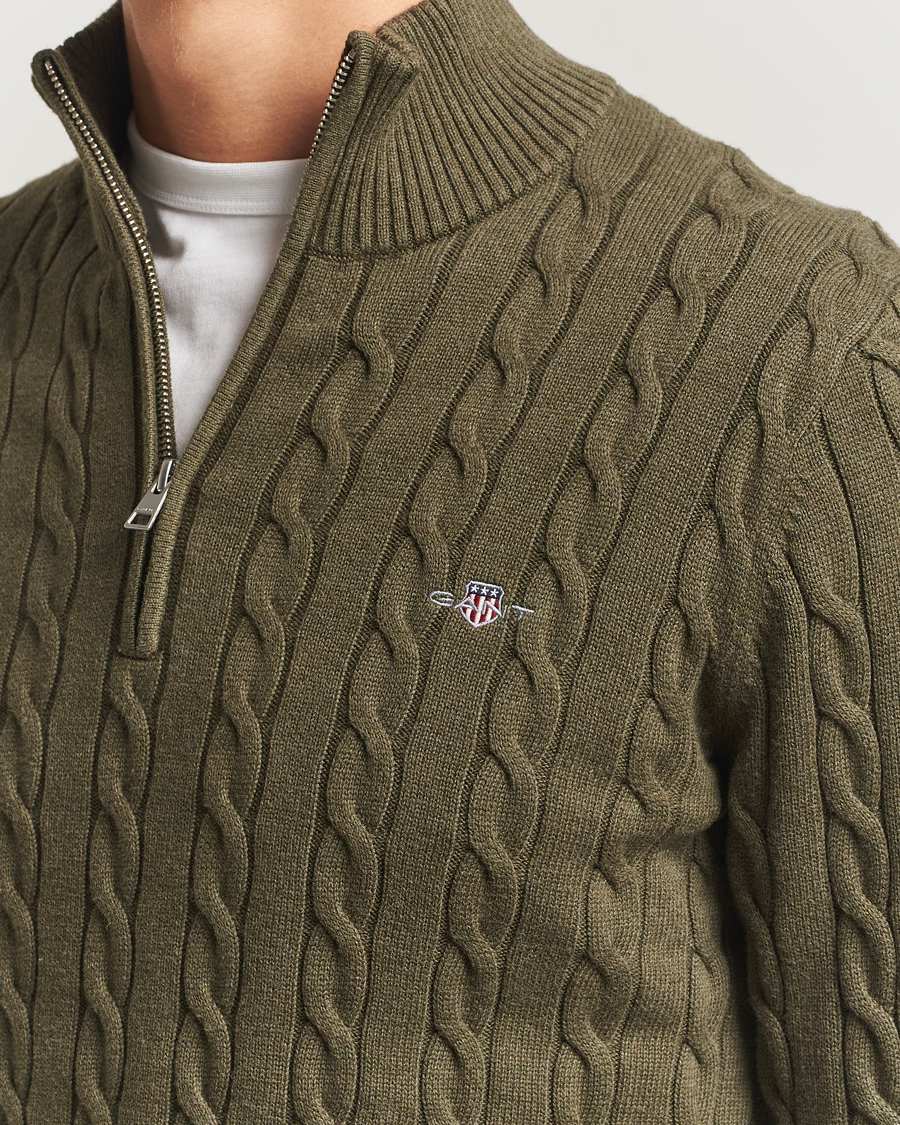 Homme | Pulls Et Tricots | GANT | Cotton Cable Half Zip Khaki Green Melange
