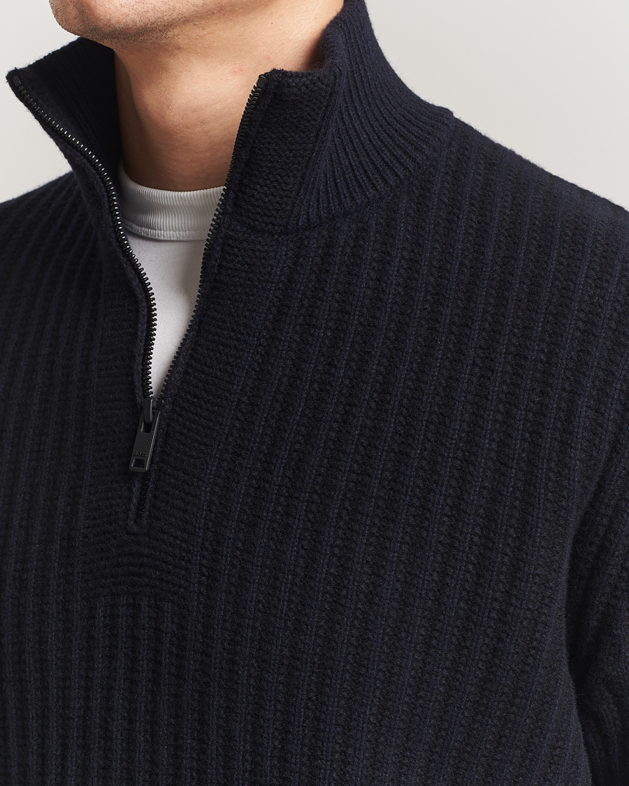Homme | Pulls Et Tricots | BOSS ORANGE | Kwinter Ribbed Wool Knitted Half Zip Dark Blue