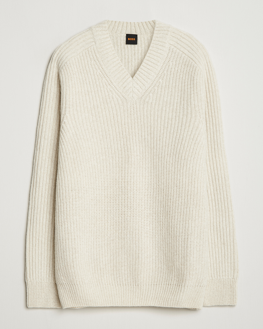 Homme | Pulls Et Tricots | BOSS ORANGE | Karinet Ribbed Wool Knitted V-Neck Light Beige