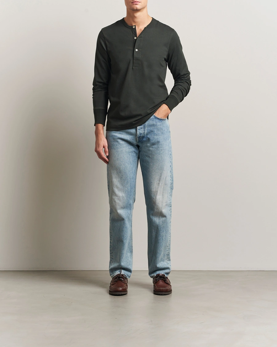 Homme | Pulls Et Tricots | Merz b. Schwanen | Classic Fit Sturdy Organic Cotton Henley Forest Green