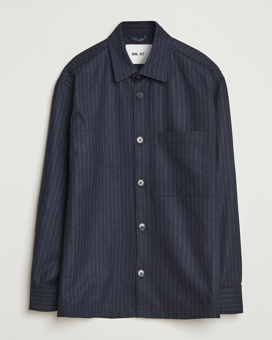 Homme | Chemises | NN07 | Freddy Wool Pinstriped Overshirt Navy Blue