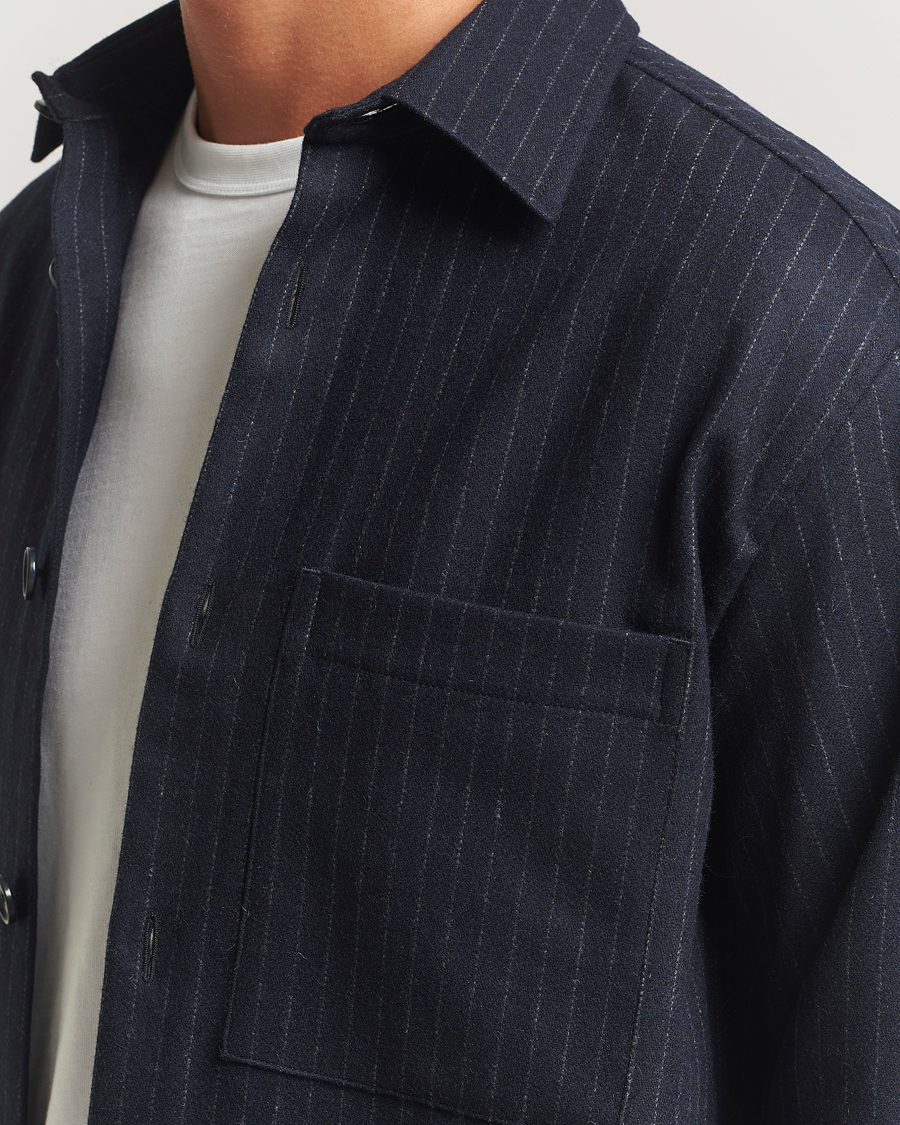 Homme | Chemises | NN07 | Freddy Wool Pinstriped Overshirt Navy Blue