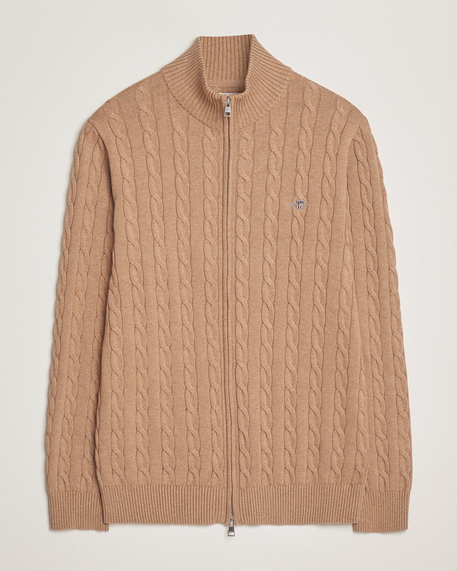 Homme | Pulls Et Tricots | GANT | Cotton Cable Full Zip Dark Sand Melange
