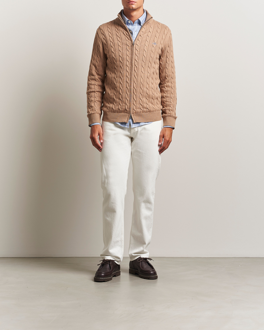 Homme | Pulls Et Tricots | GANT | Cotton Cable Full Zip Dark Sand Melange