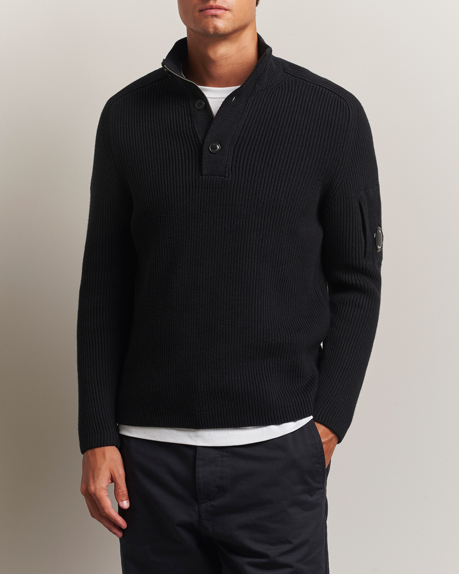 Homme | Pulls Et Tricots | C.P. Company | Full Rib Knitted Cotton Half Button Black