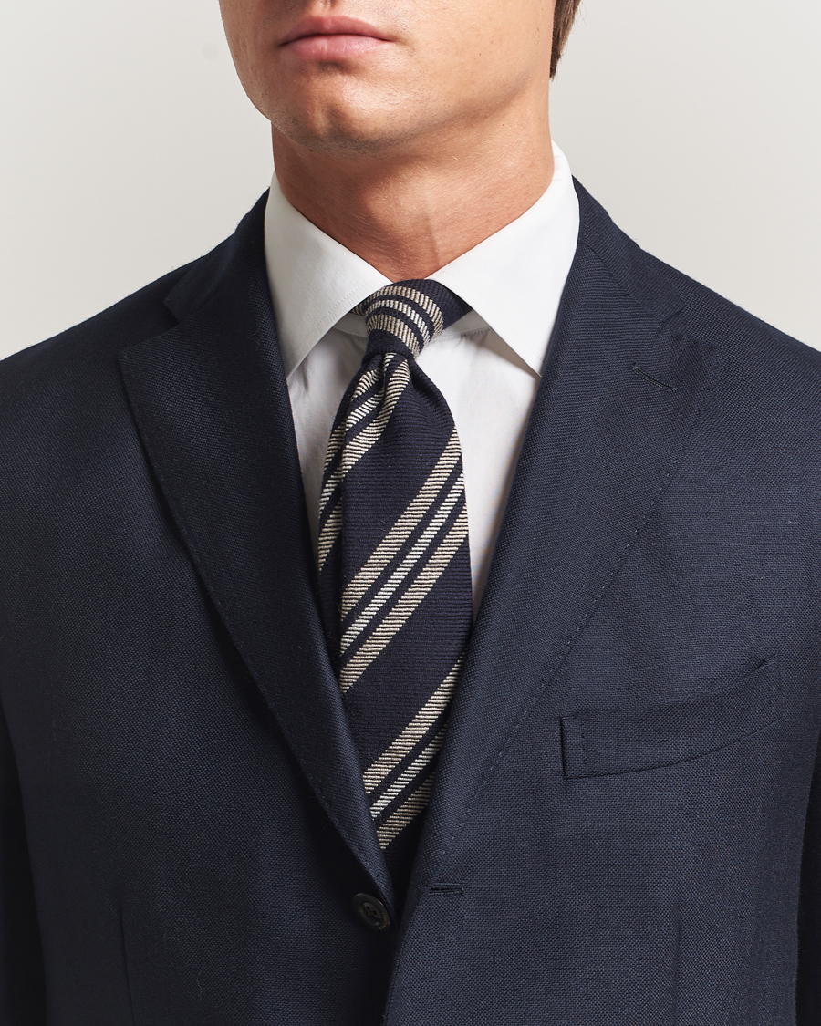 Homme | Finamore Napoli Wool Regimental Stripe Tie Navy/Beige | Finamore Napoli | Wool Regimental Stripe Tie Navy/Beige