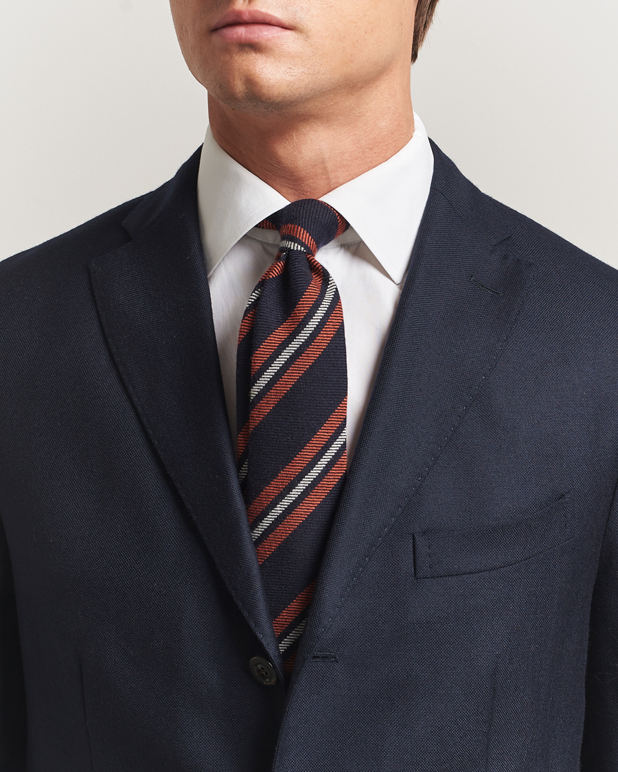 Homme | Finamore Napoli Wool Regimental Stripe Tie Navy/Orange | Finamore Napoli | Wool Regimental Stripe Tie Navy/Orange