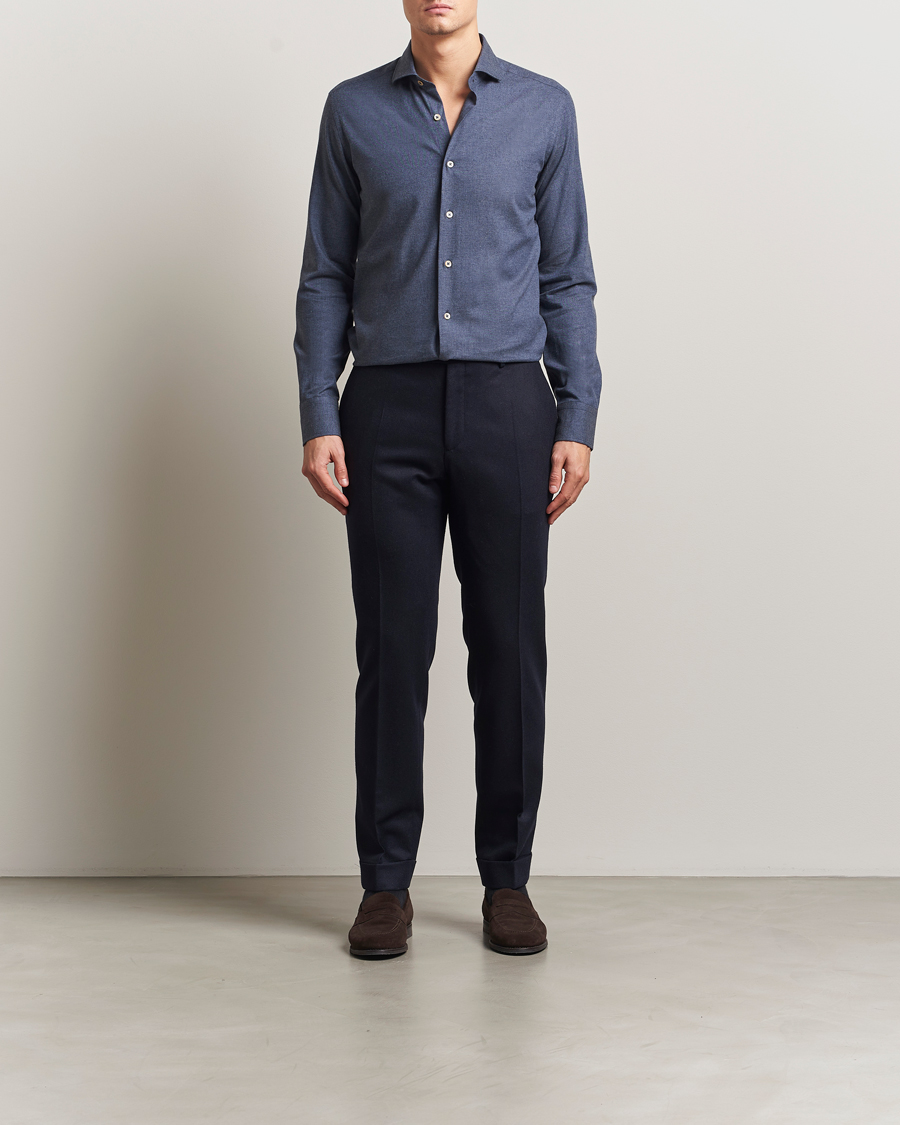 Homme | Chemises | Grigio | Washed Flannel Shirt Dark Blue