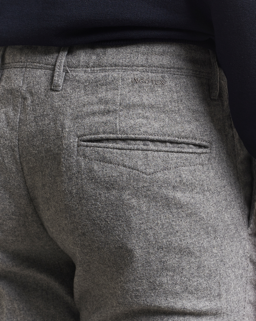 Homme | Pantalons | Incotex | Slim Fit Washed Flannel Slacks Light Grey