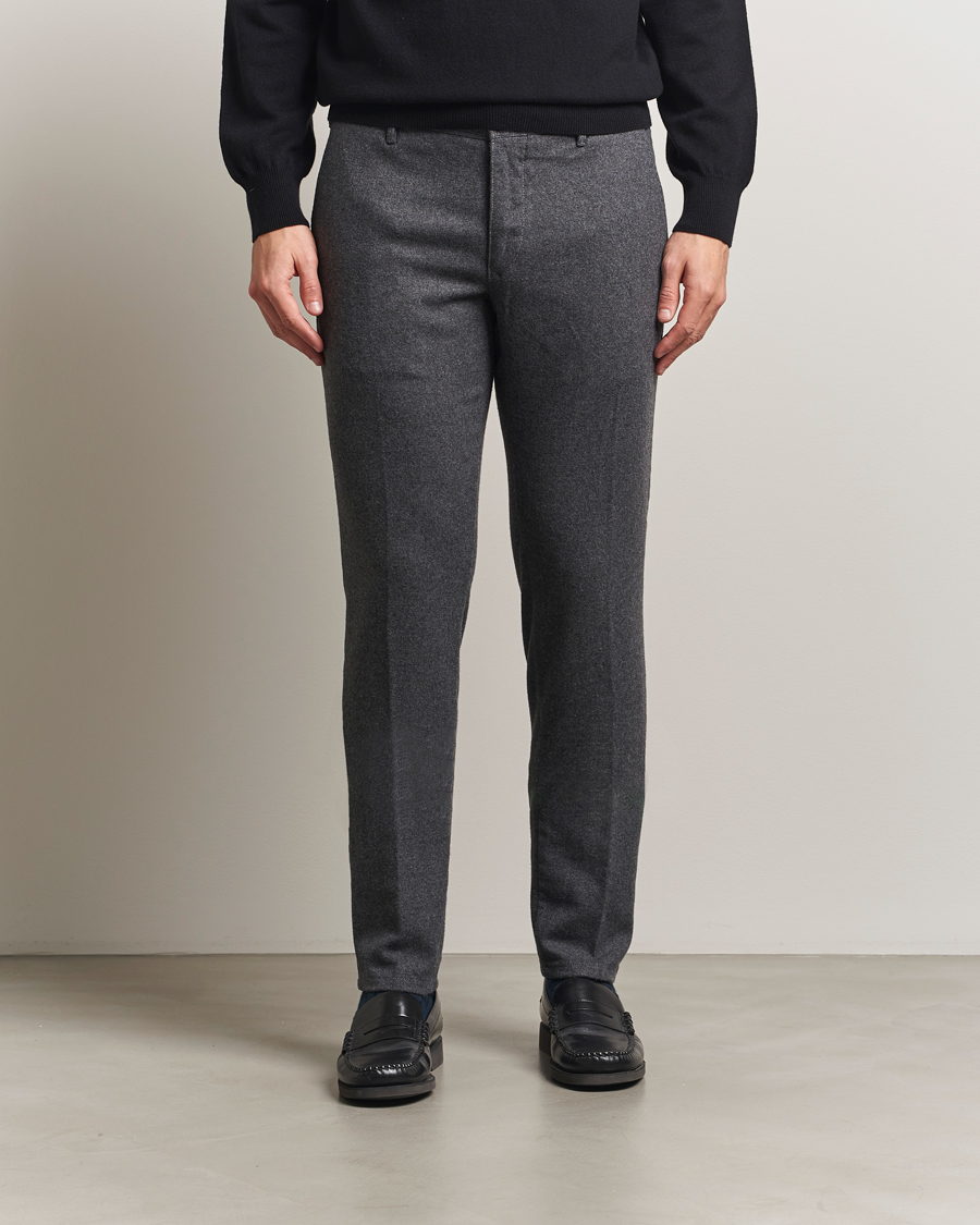 Homme | Pantalons | Incotex | Slim Fit Washed Flannel Slacks Grey Melange