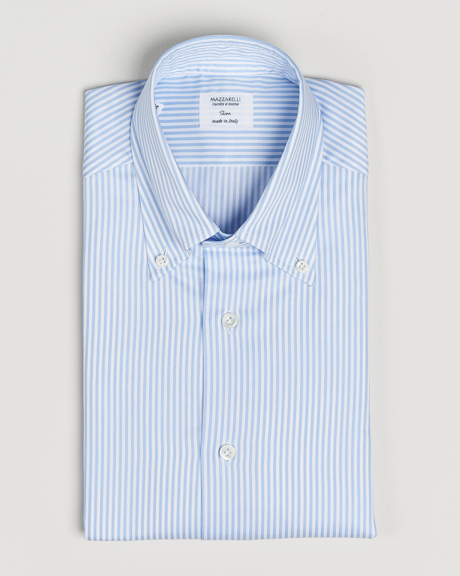 Homme | Chemises | Mazzarelli | Soft Cotton Twill Button Down Shirt Light Blue Stripe