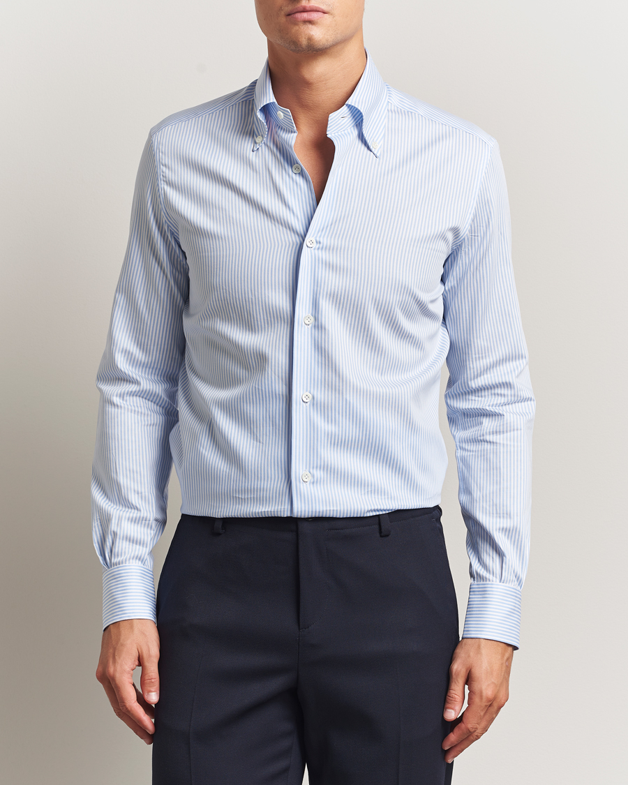 Homme | Chemises | Mazzarelli | Soft Cotton Twill Button Down Shirt Light Blue Stripe