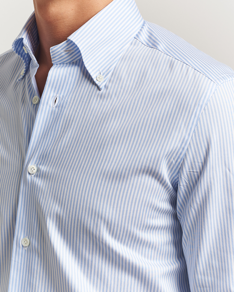 Homme | Chemises | Mazzarelli | Soft Cotton Twill Button Down Shirt Light Blue Stripe