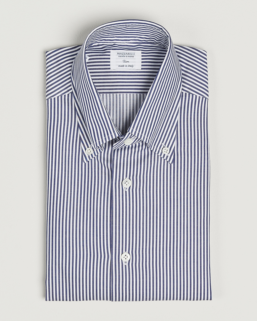 Homme | Chemises | Mazzarelli | Soft Cotton Twill Button Down Shirt Navy Stripe